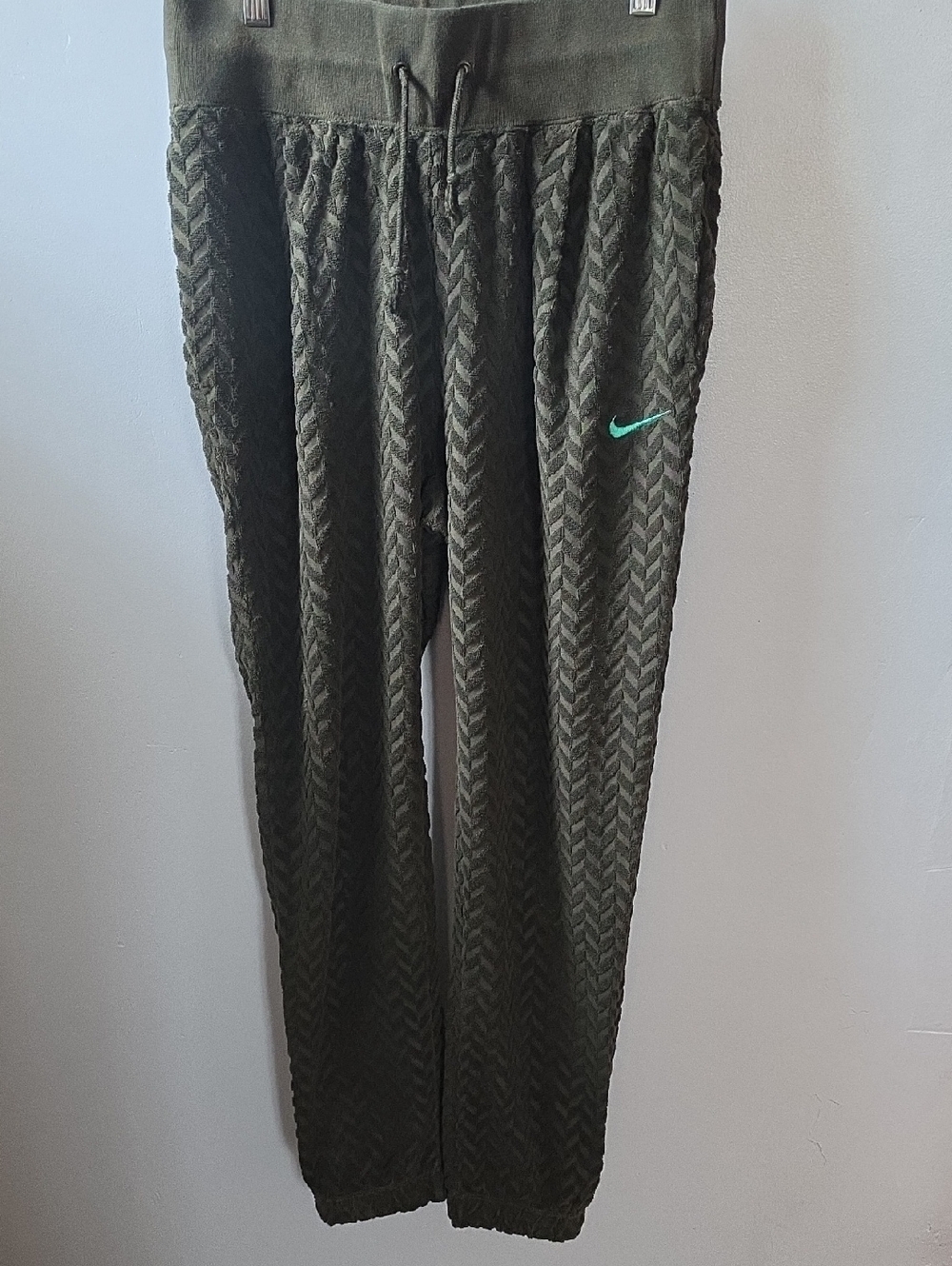 Nike Olive Green Textured Sweatpants with Teal Swoosh